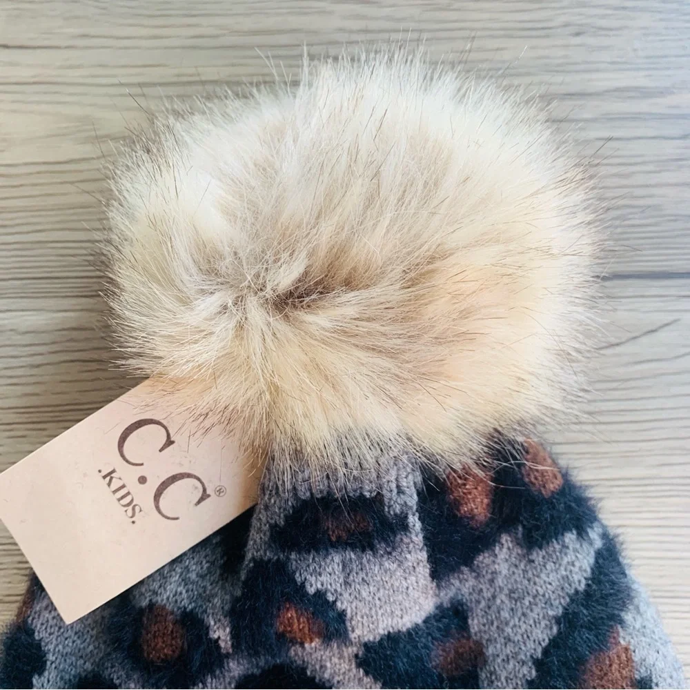 C.C. Kids Gray Brown Black Faux Fur Pom Pom Soft Knit Beanie | NWT